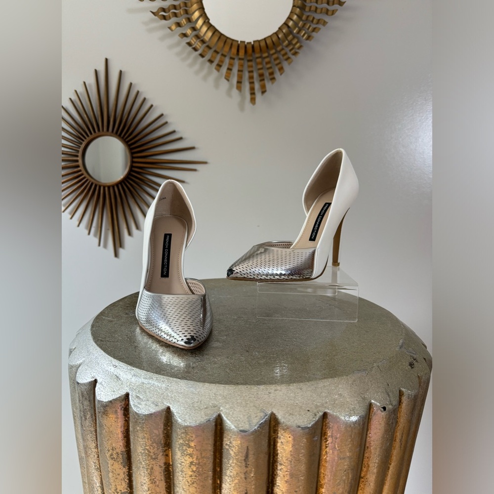 French Connection- White & Silver Mabel Perforated Pumps